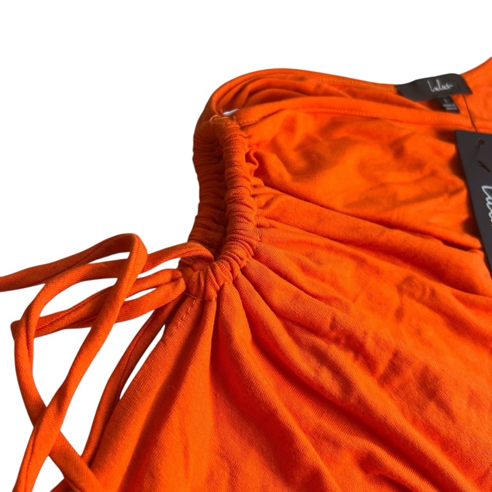 Lulu’s NWT Heat of the Moment Orange Asymmetrical Cut Out Body Con Midi Dress LG - Picture 4 of 12